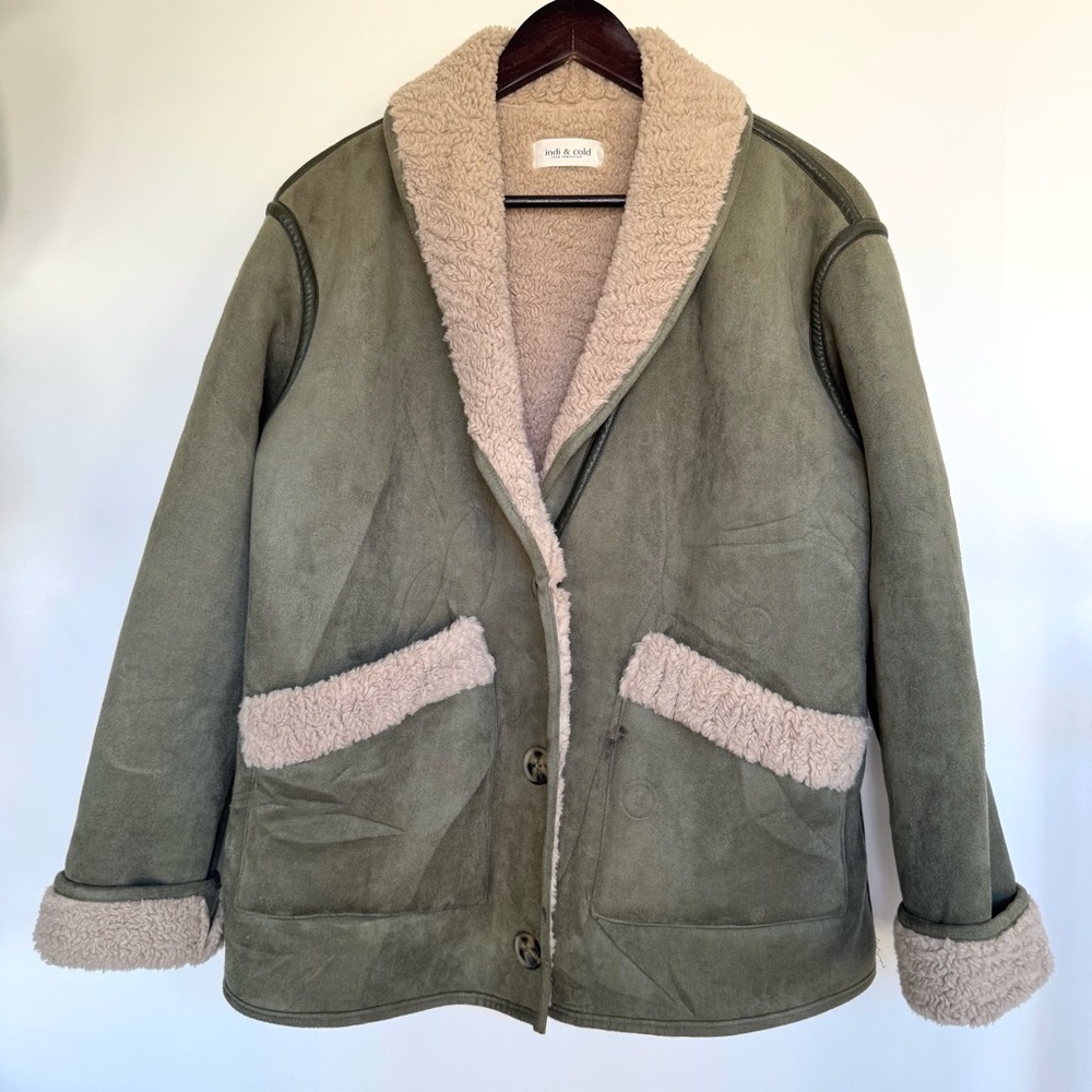 Indi & Cold Short Shearling Coat in Khaki - Picture 8 of 14